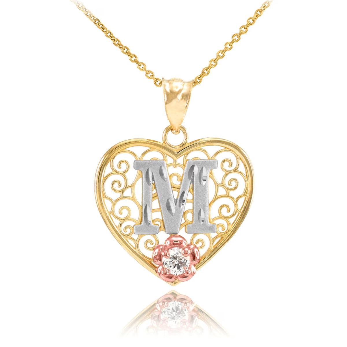 10K Yellow Gold Filigree Heart Initial CZ Pendant Necklace with 16" chain U432442