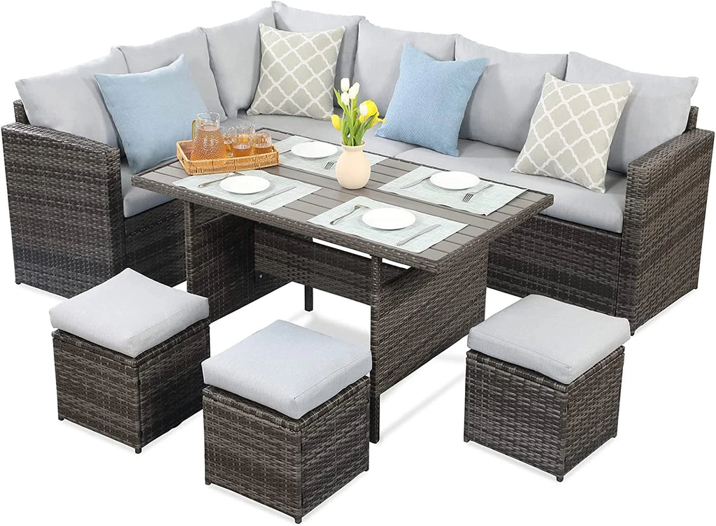 7 Piece Outdoor Dining Sectional Sofa with Dining Table and Chair W753