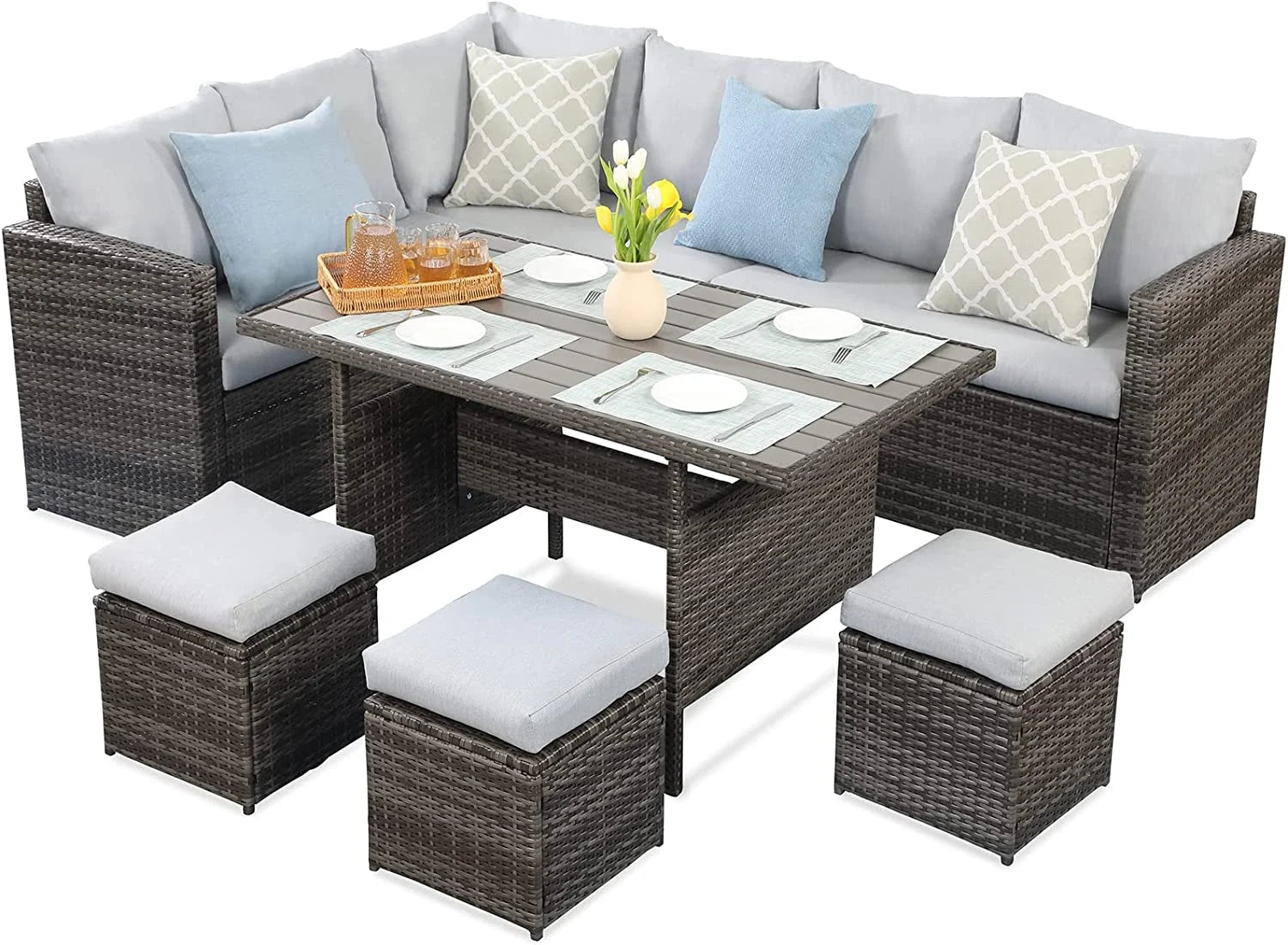 7 Piece Outdoor Dining Sectional Sofa with Dining Table and Chair W753
