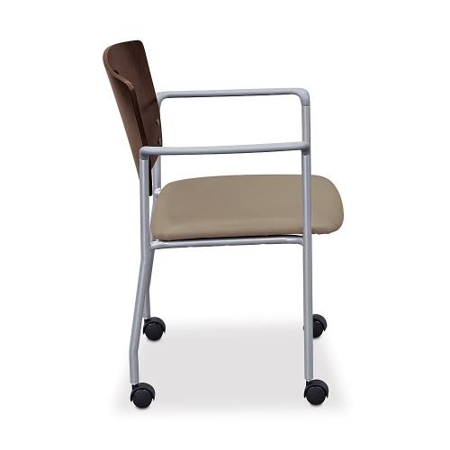 Cherry Wood Back Sapphire Vinyl Seat Silver Frame Chair with Arms and Casters A920