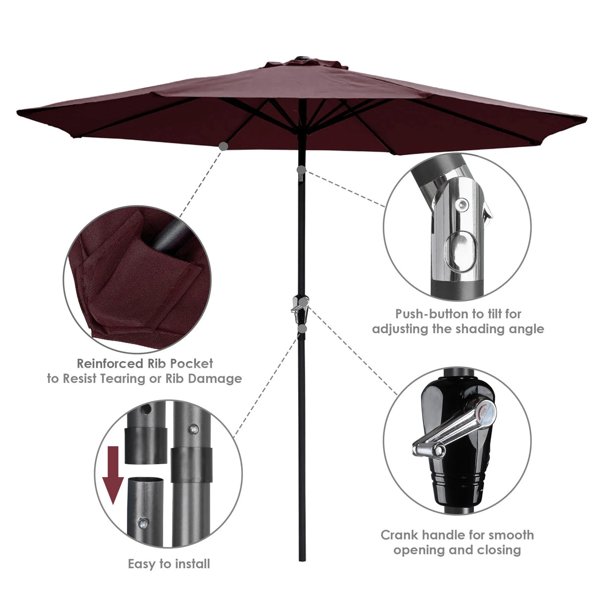 9ft UV 30+ Aluminum Outdoor Patio Umbrella with Crank & Tilt P823460