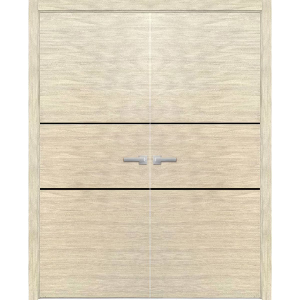 Solid French Double Doors 48 x 96 inches Natural Veneer with Frosted Glass Wood Solid Panel Frame Trims D193414