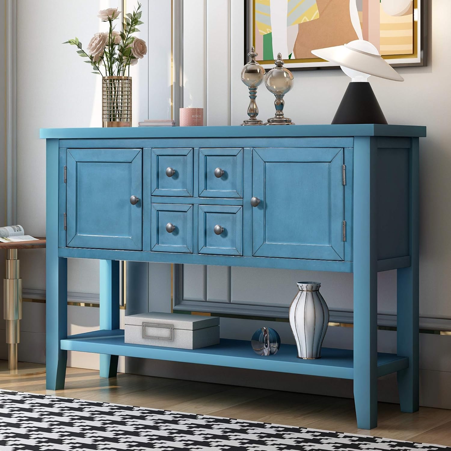 Antique Console Table with Drawers, Doors, Storage Compartments and Bottom Open Shelf (Navy) H769263