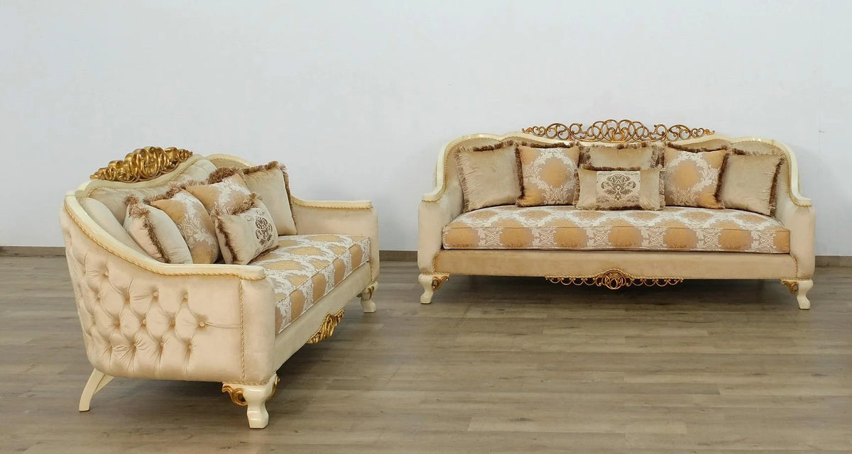 Beige Antique Dark Gold Wood Trim Sofa Set K93464