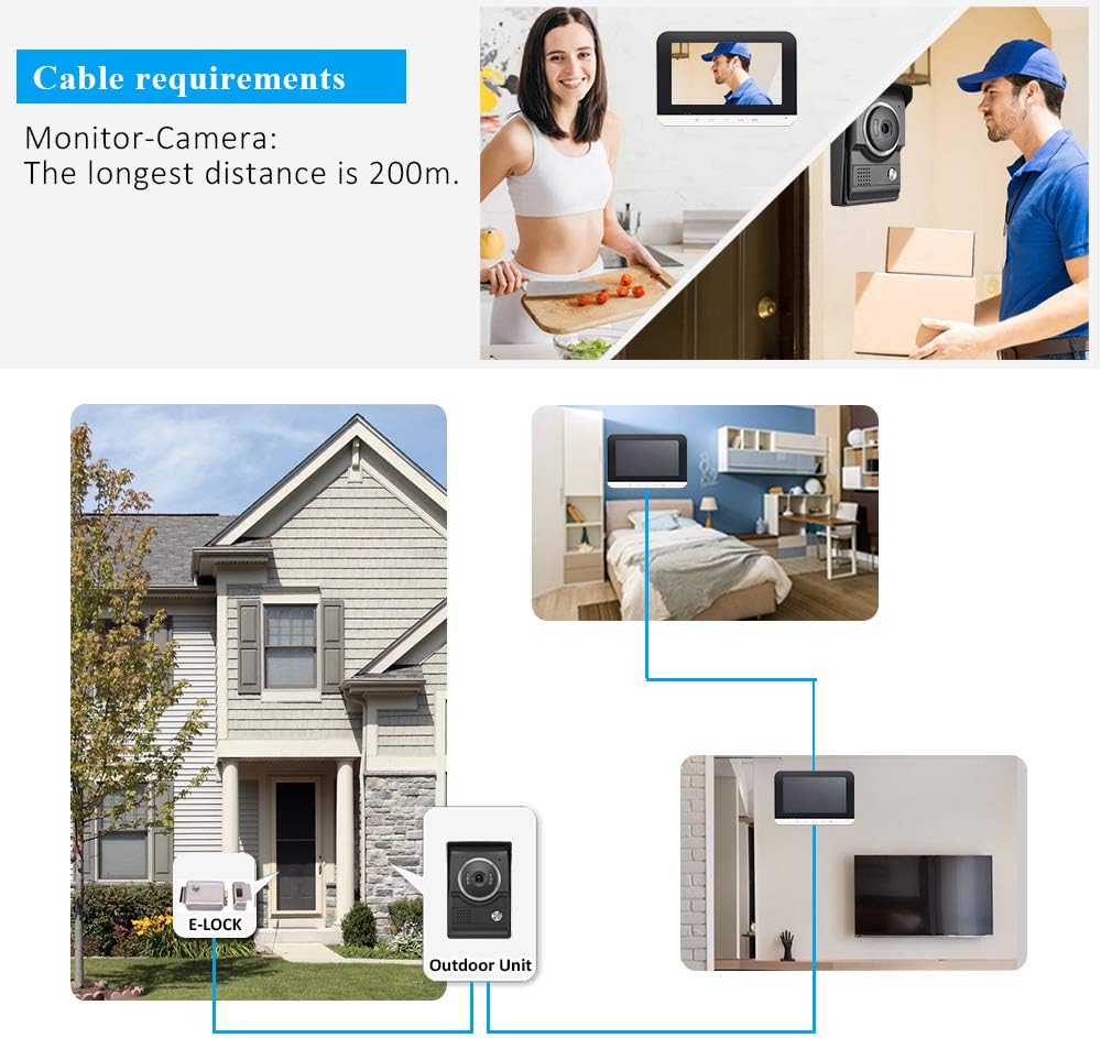 7 Inch Wired Video Intercom System with IR-Cut Rainproof Outdoor Camera (1 Camera & 2 Monitors) K345