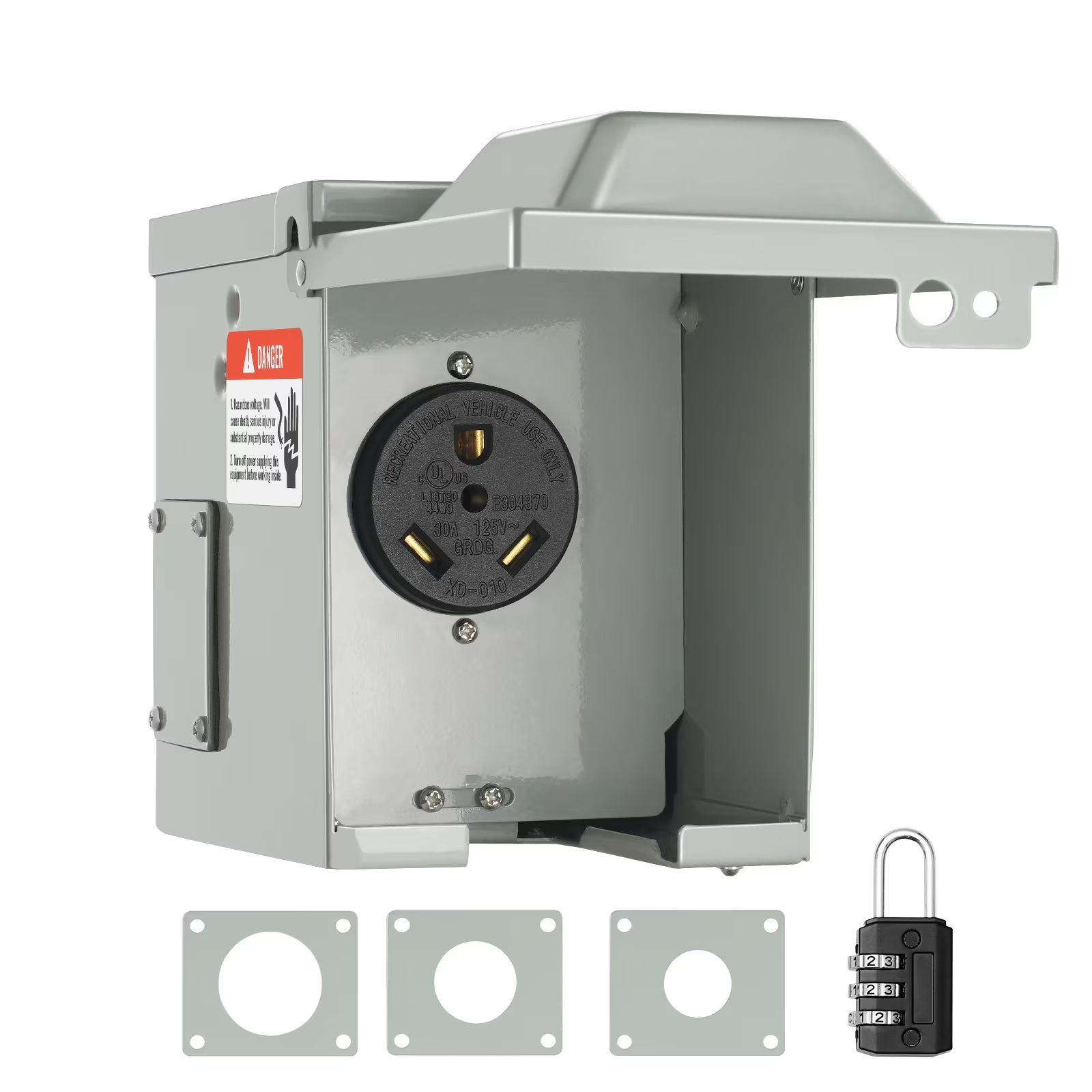 30Amp RV Power Outlet Box, 25/250V Enclosed Lockable Weatherproof Electrical Outdoor Receptacle Panel R54143