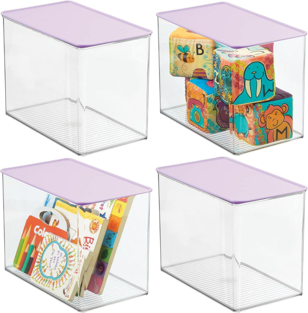 Clear/Light Purple Stackable Plastic Storage Bin Box with Attached Lid, 4 Pack Y32861