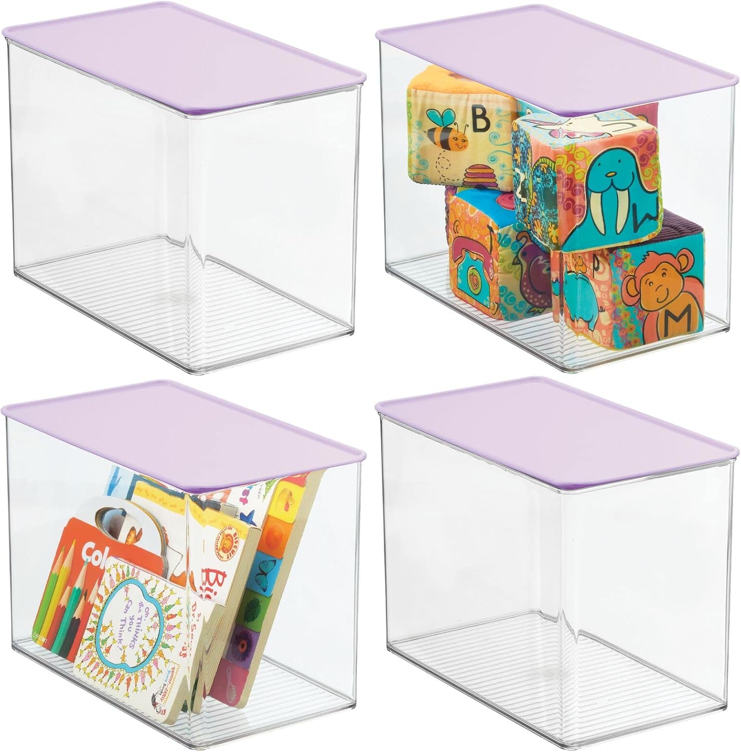 Clear/Light Purple Stackable Plastic Storage Bin Box with Attached Lid, 4 Pack Y32861