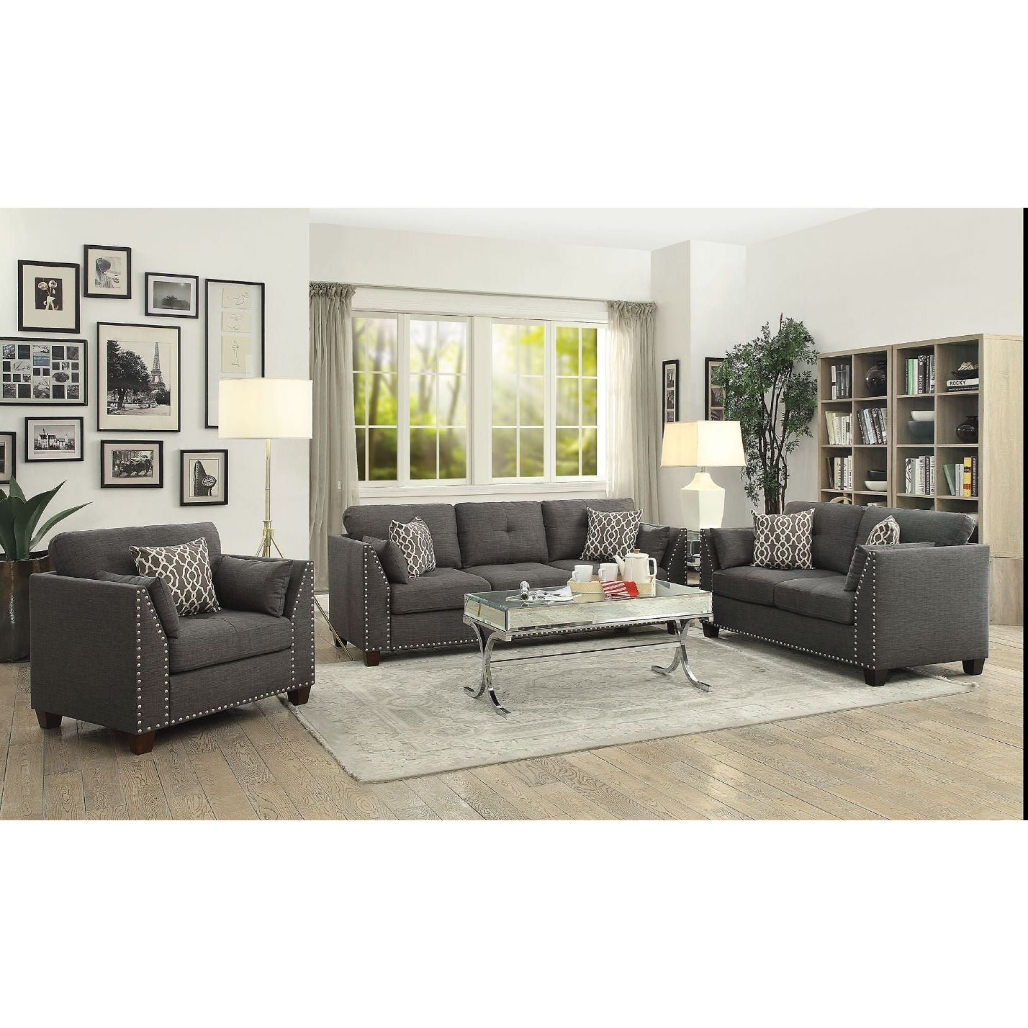 Light Charcoal Linen Loveseat with 4 Pillows I206418