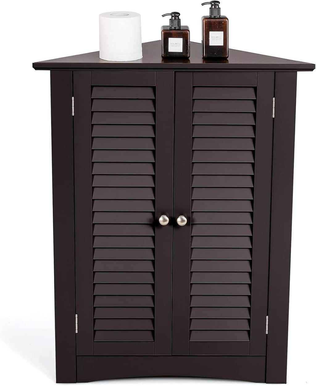 Brown Corner Bathroom Cabinet with Double Shutter Doors and Adjustable Shelf R91093