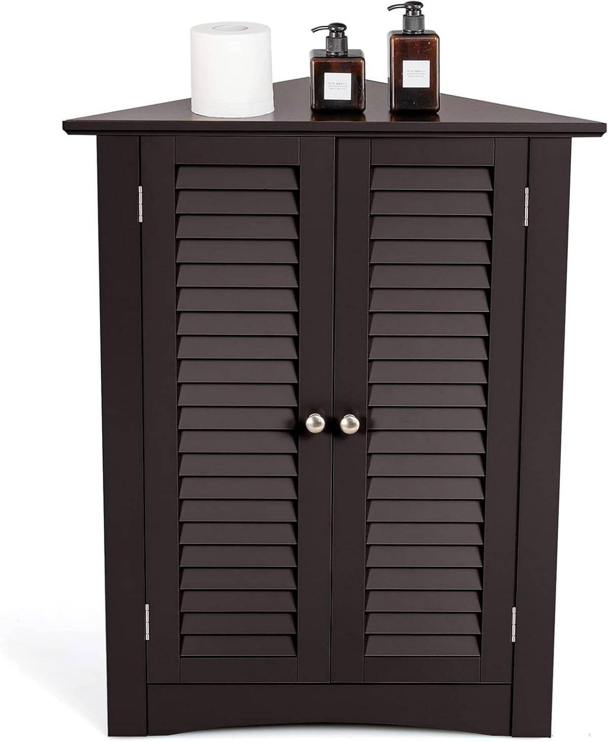 Brown Corner Bathroom Cabinet with Double Shutter Doors and Adjustable Shelf R91093