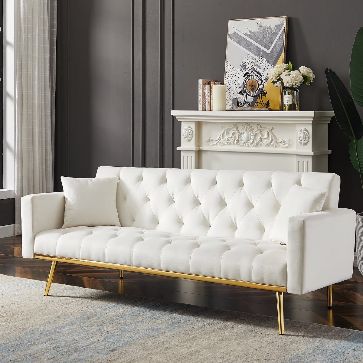 Cream White Convertible Folding Futon Sofa Bed P60767