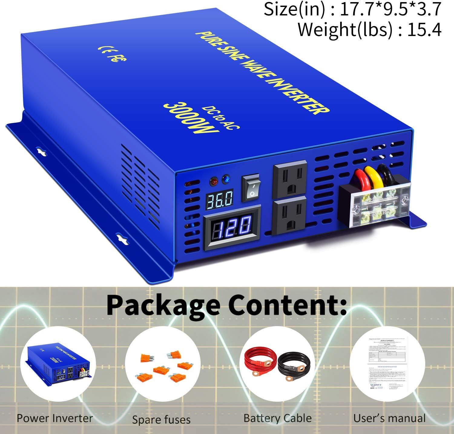 3000 Watt Pure Sine Wave Power Inverter 36 Volt to 110V 120V with 150ft Remote Switch D88024