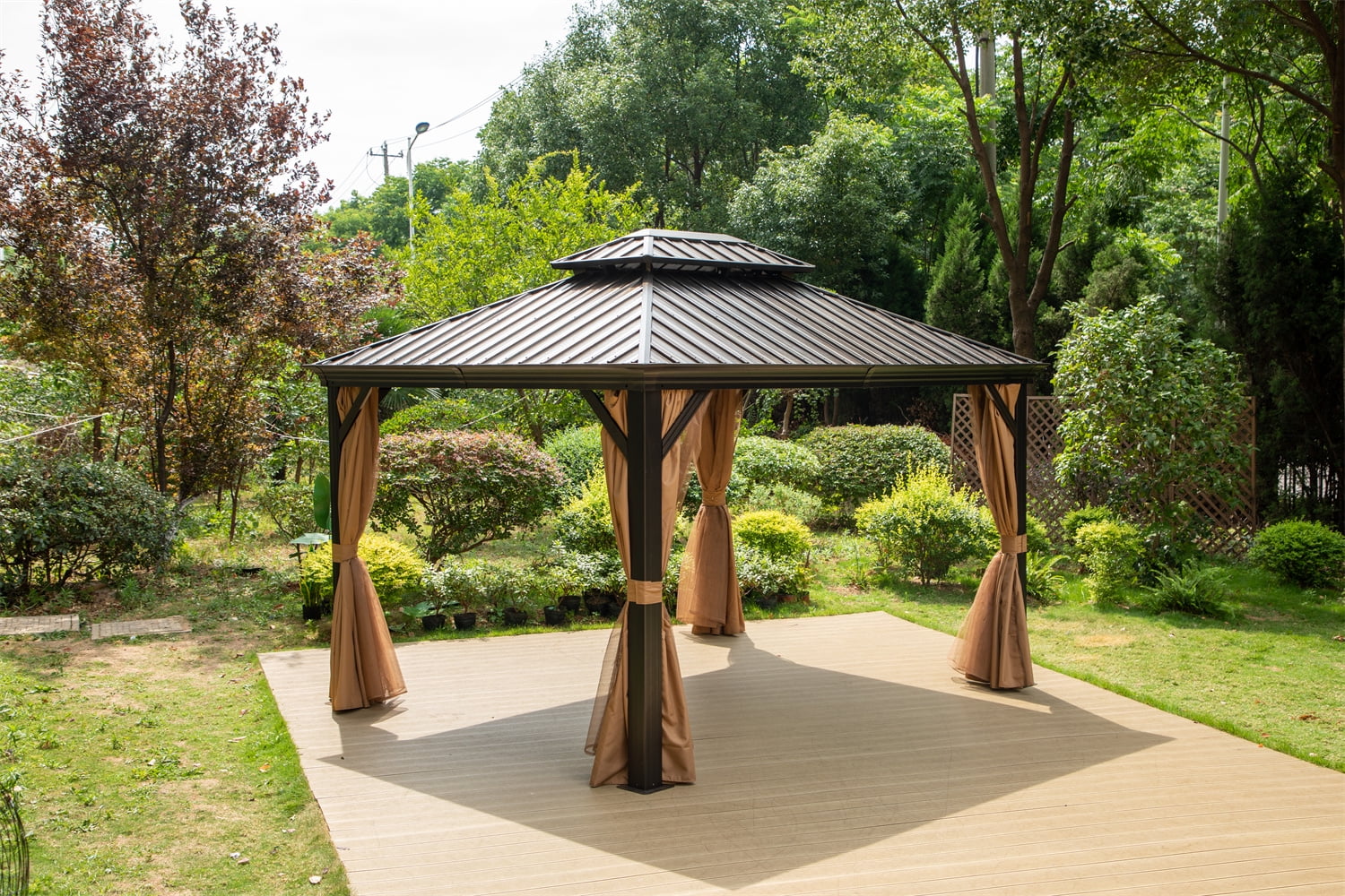 10' x 12' Hardtop Galvanized Steel Outdoor Gazebo with Netting and Curtains I83931
