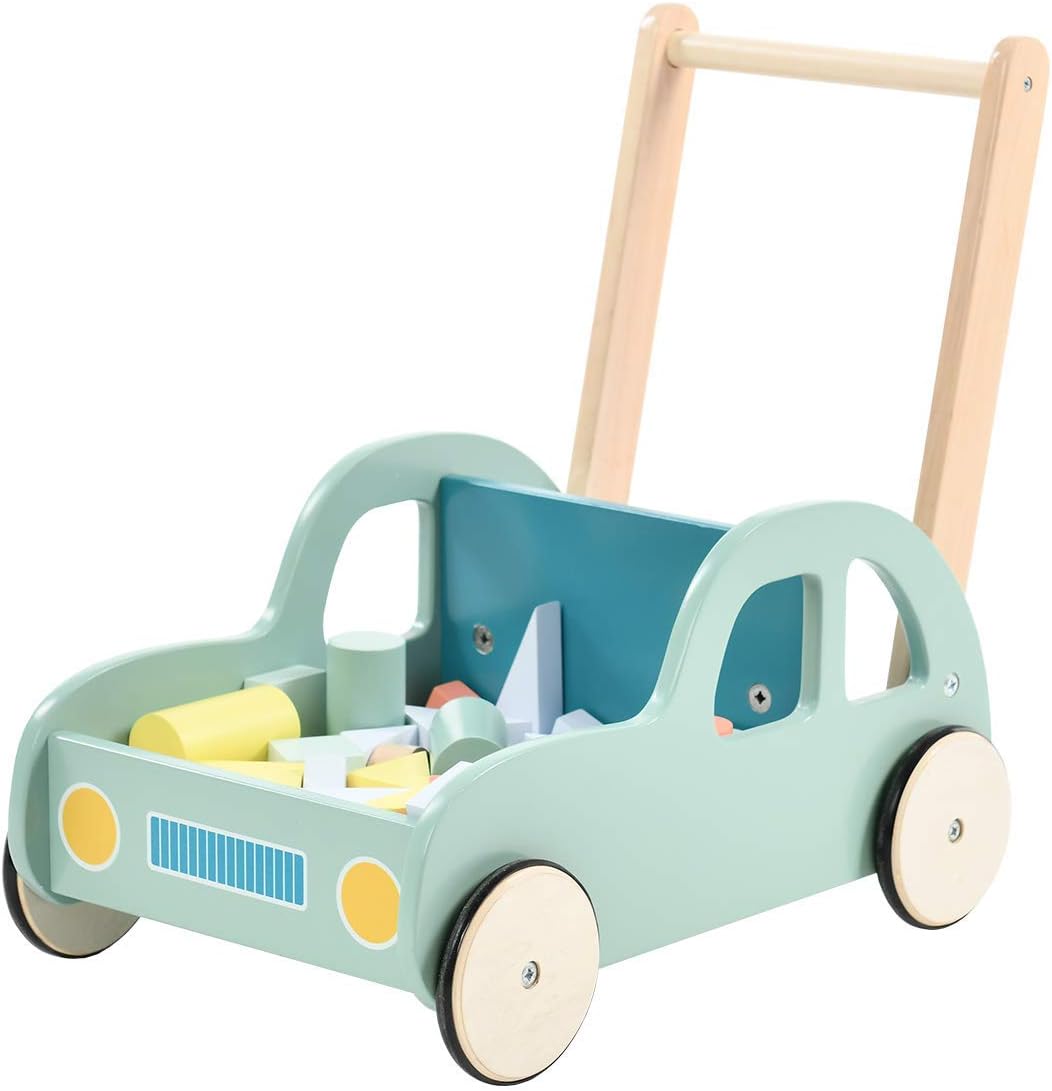 Green Wooden Baby Walker with Wheel, Blocks Trolley, Push & Pull Toys, Pack of 2 J49942