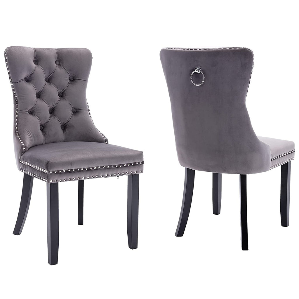 Set of 2 Velvet Upholstered Tufted Dining Chairs with Ring Back and Nailhead Trim Gray J78435