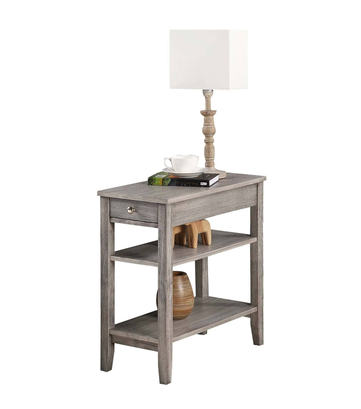 Three Tier End Table with Drawer, Light Gray T233841