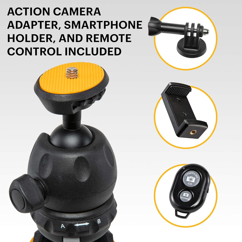 Mini Adjustable Tripod with Remote, 360° Ball Head, Compact Tabletop Tripod, Selfie Stick, 5-Position Legs, Rubber Feet, Smartphone & Action Camera Adapters, Pack of 2 I639