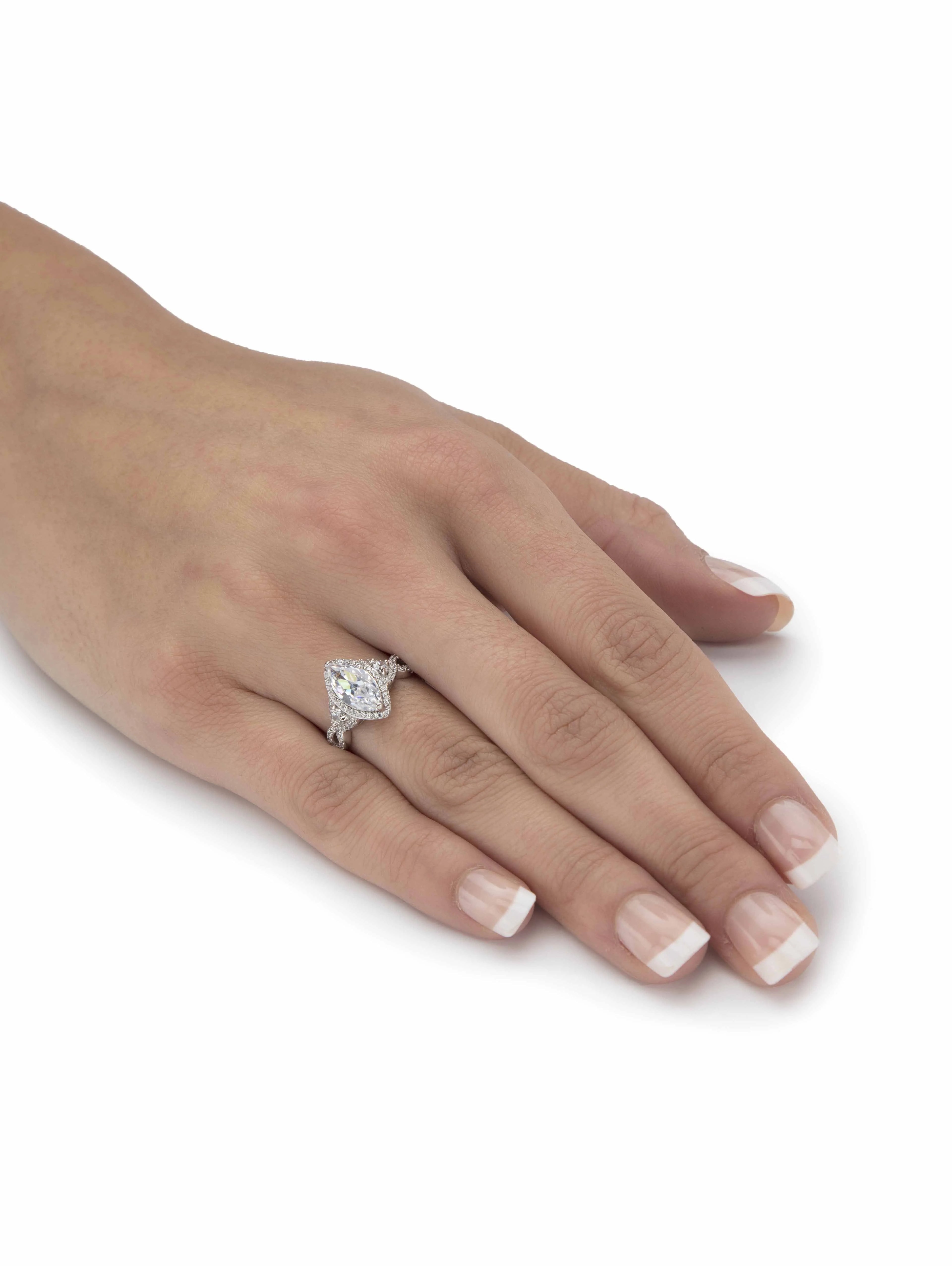 Marquise-Cut Cubic Zirconia Halo Crossover Engagement Ring in Sterling Silver S8316