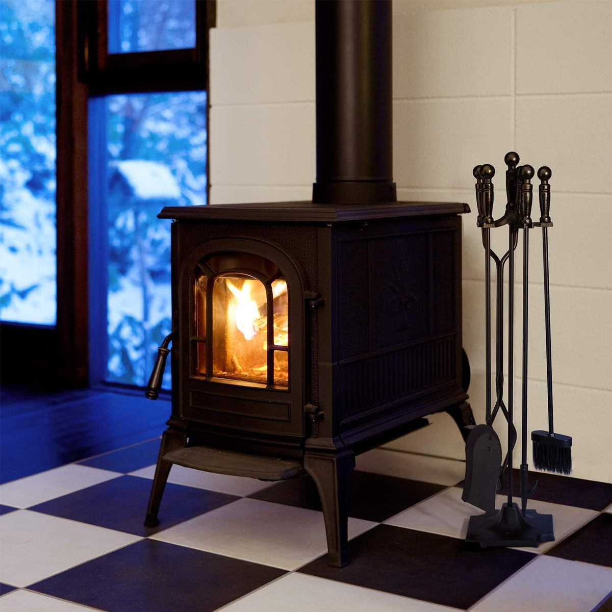 5 Pieces 32inch Black Cast Iron Fireplace Tool Set with Log Holder W650873