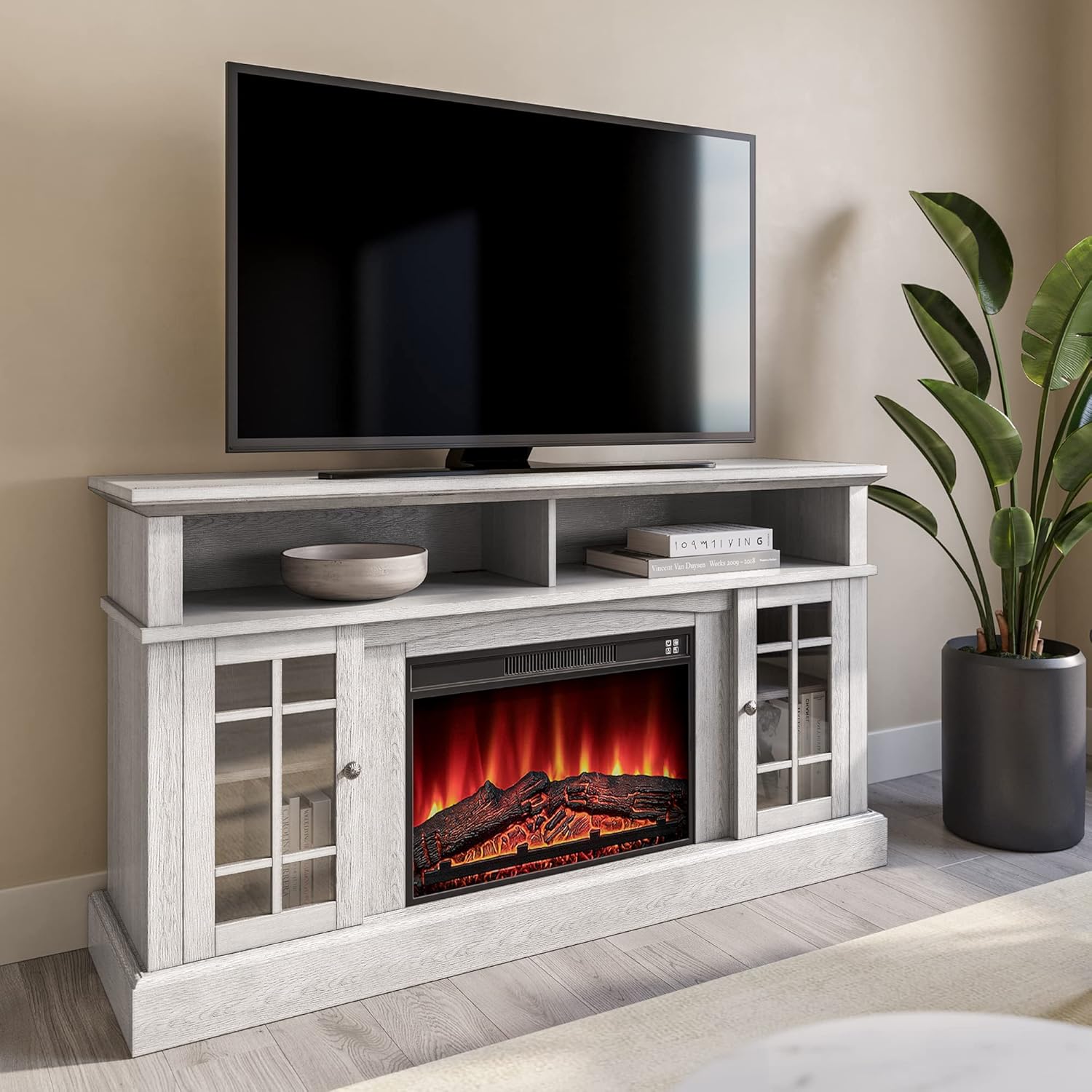 Traditional Rustic Electric Fireplace TV Stand with Open Storage Shelves & Cabinets (Light Gray) P3633