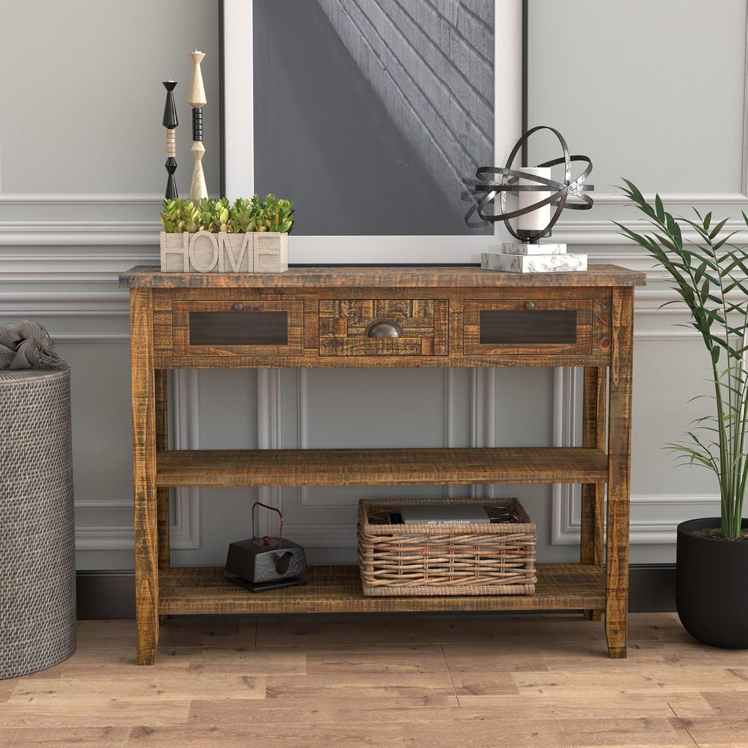 Industrial Farmhouse Console Table with Deep Drawers and Glass Panel Cabinet Q9271