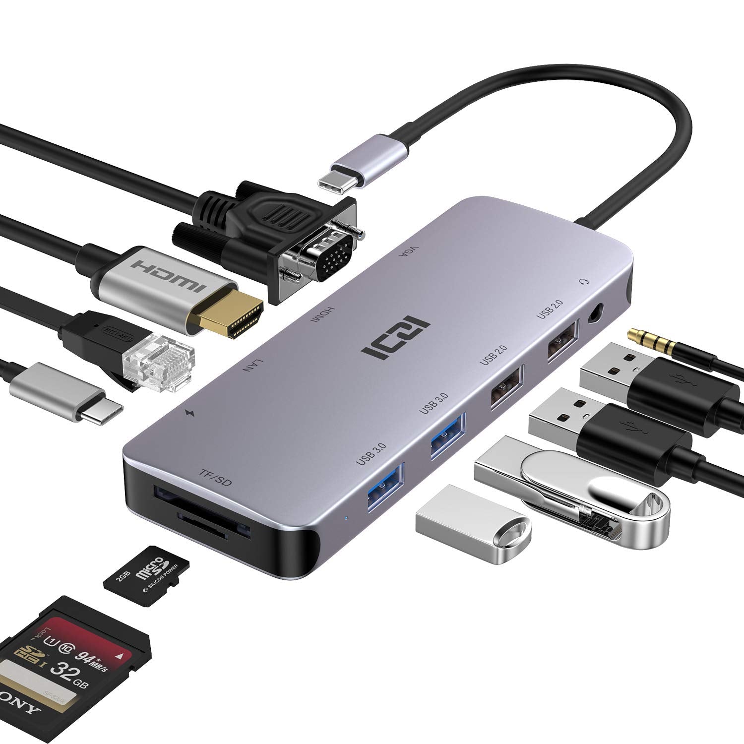 USB C Hub 11 in 1 Adapter with Ethernet, 4K USB C to HDMI, VGA, USB 3.0, USB 2.0, SD/TF Card Reader, USB C Pd 3.0 A6105