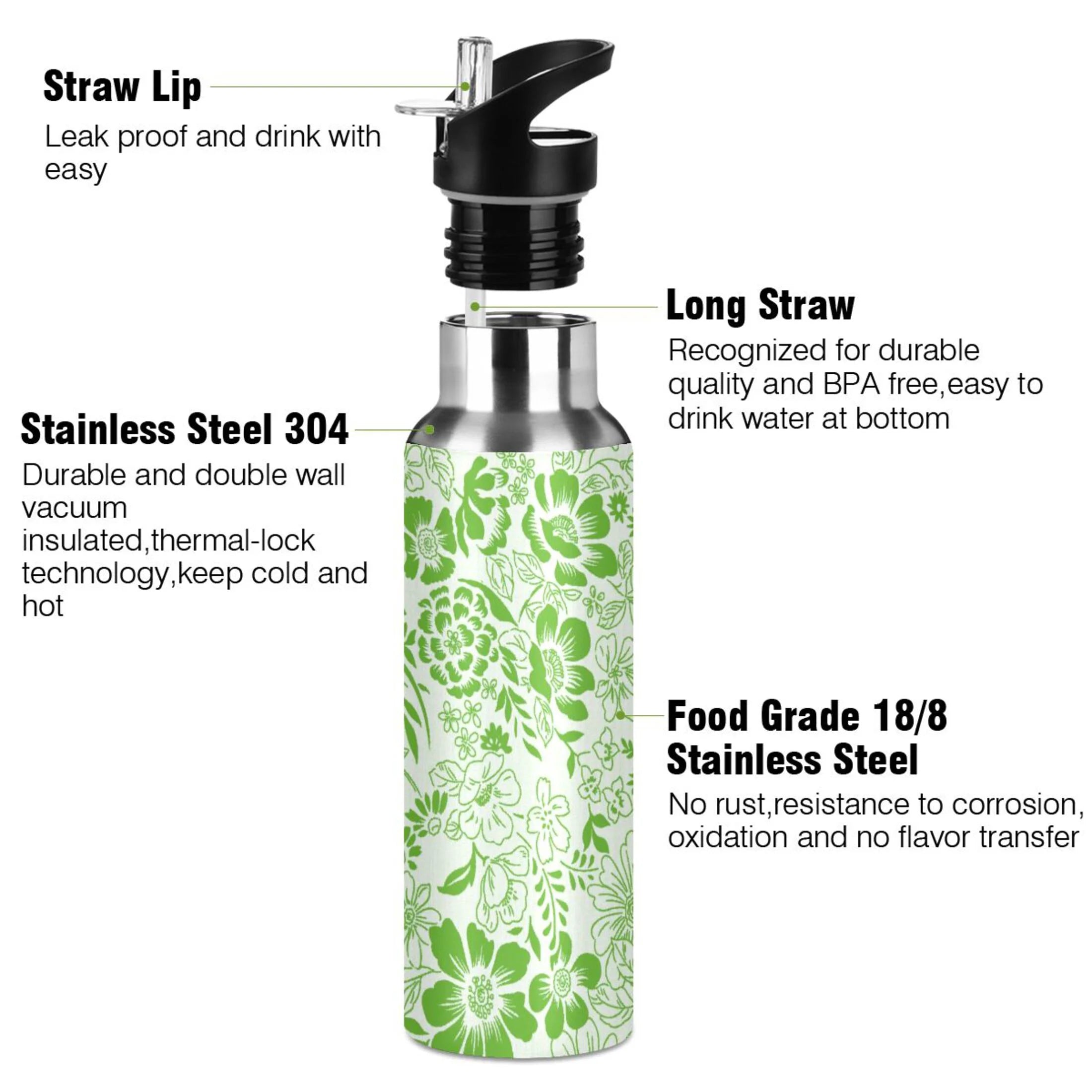 Green Stainless Steel Insulated Water Bottle with Straw Lid T3671