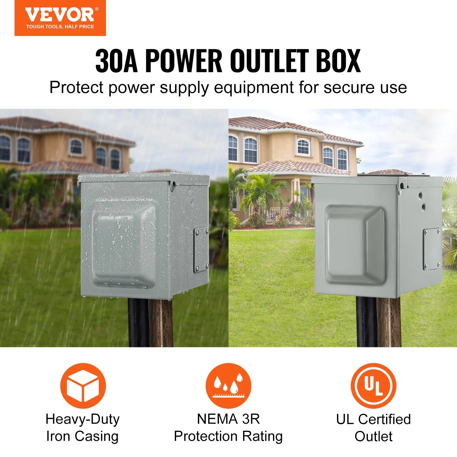 30Amp RV Power Outlet Box, 25/250V Enclosed Lockable Weatherproof Electrical Outdoor Receptacle Panel R54143