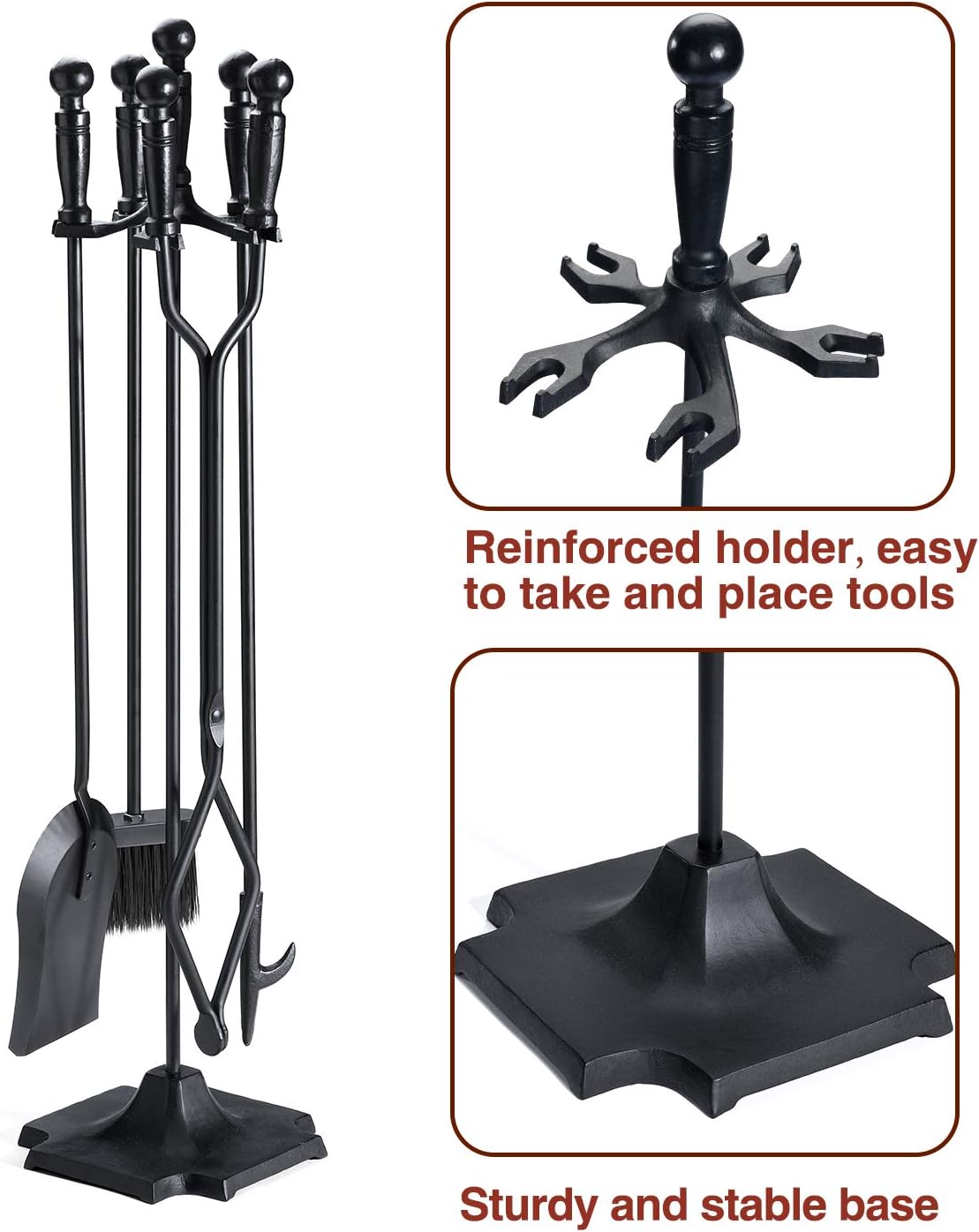 5 Pieces 32inch Black Cast Iron Fireplace Tool Set with Log Holder W650873