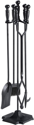5 Pieces 32inch Black Cast Iron Fireplace Tool Set with Log Holder W650873