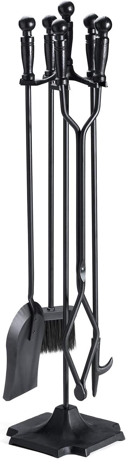 5 Pieces 32inch Black Cast Iron Fireplace Tool Set with Log Holder W650873