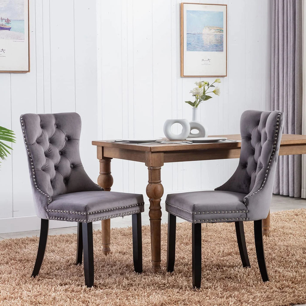 Set of 2 Velvet Upholstered Tufted Dining Chairs with Ring Back and Nailhead Trim Gray J78435