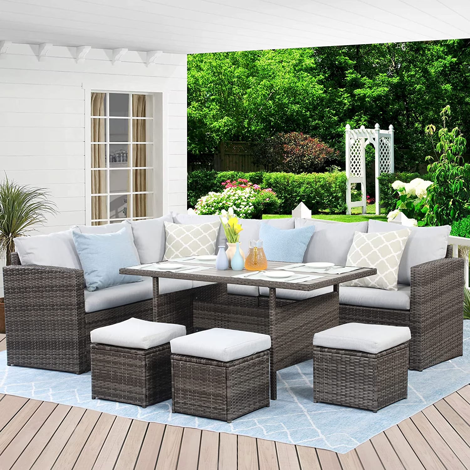 7 Piece Outdoor Dining Sectional Sofa with Dining Table and Chair W753