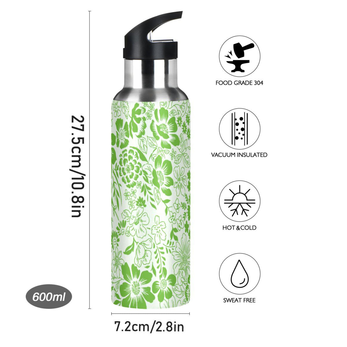Green Stainless Steel Insulated Water Bottle with Straw Lid T3671