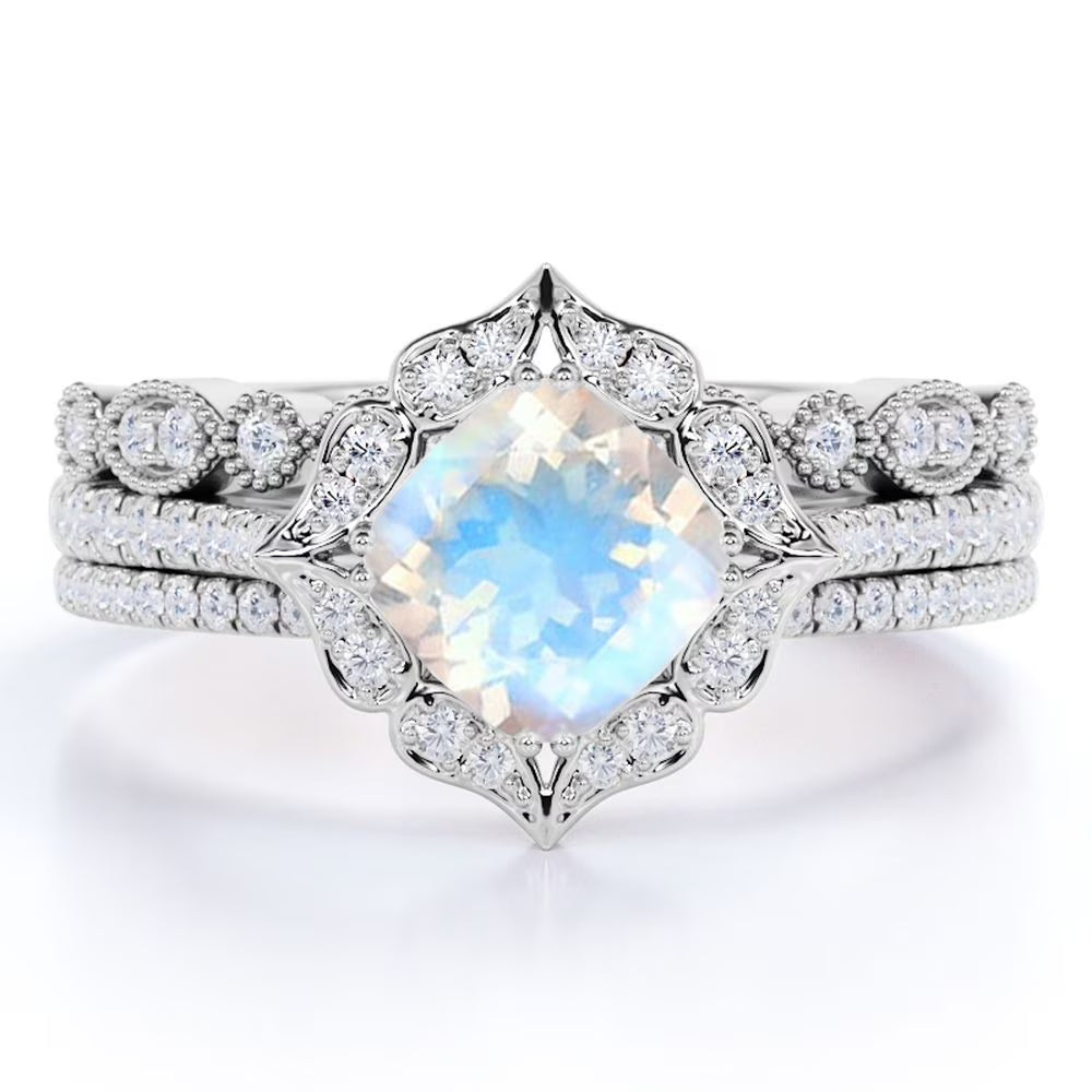 1.5 carat Cushion Blue Moonstone and Moissanite Wedding Ring Set in 18k White Gold over Silver E7808