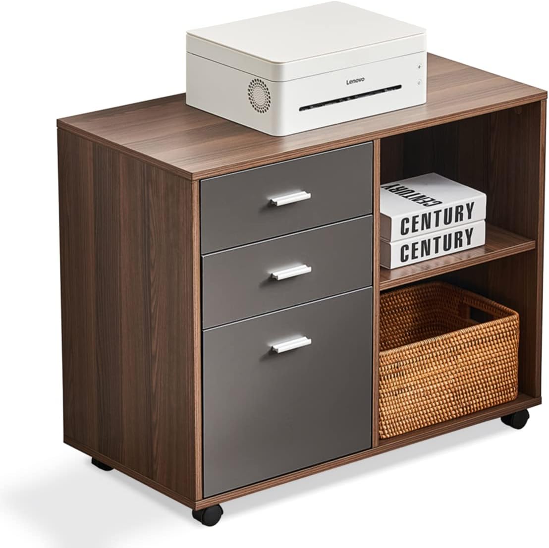 Black Oak Dark Grey Lateral File Cabinet on Wheels U4595