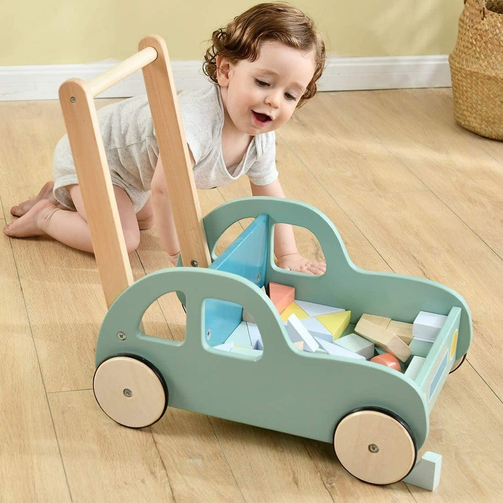 Green Wooden Baby Walker with Wheel, Blocks Trolley, Push & Pull Toys, Pack of 2 J49942