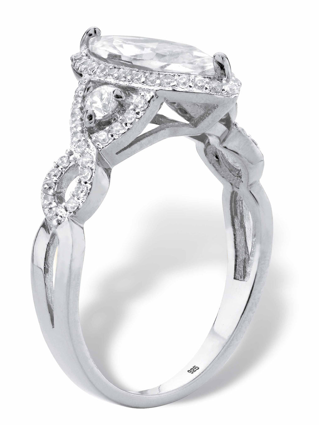 Marquise-Cut Cubic Zirconia Halo Crossover Engagement Ring in Sterling Silver S8316