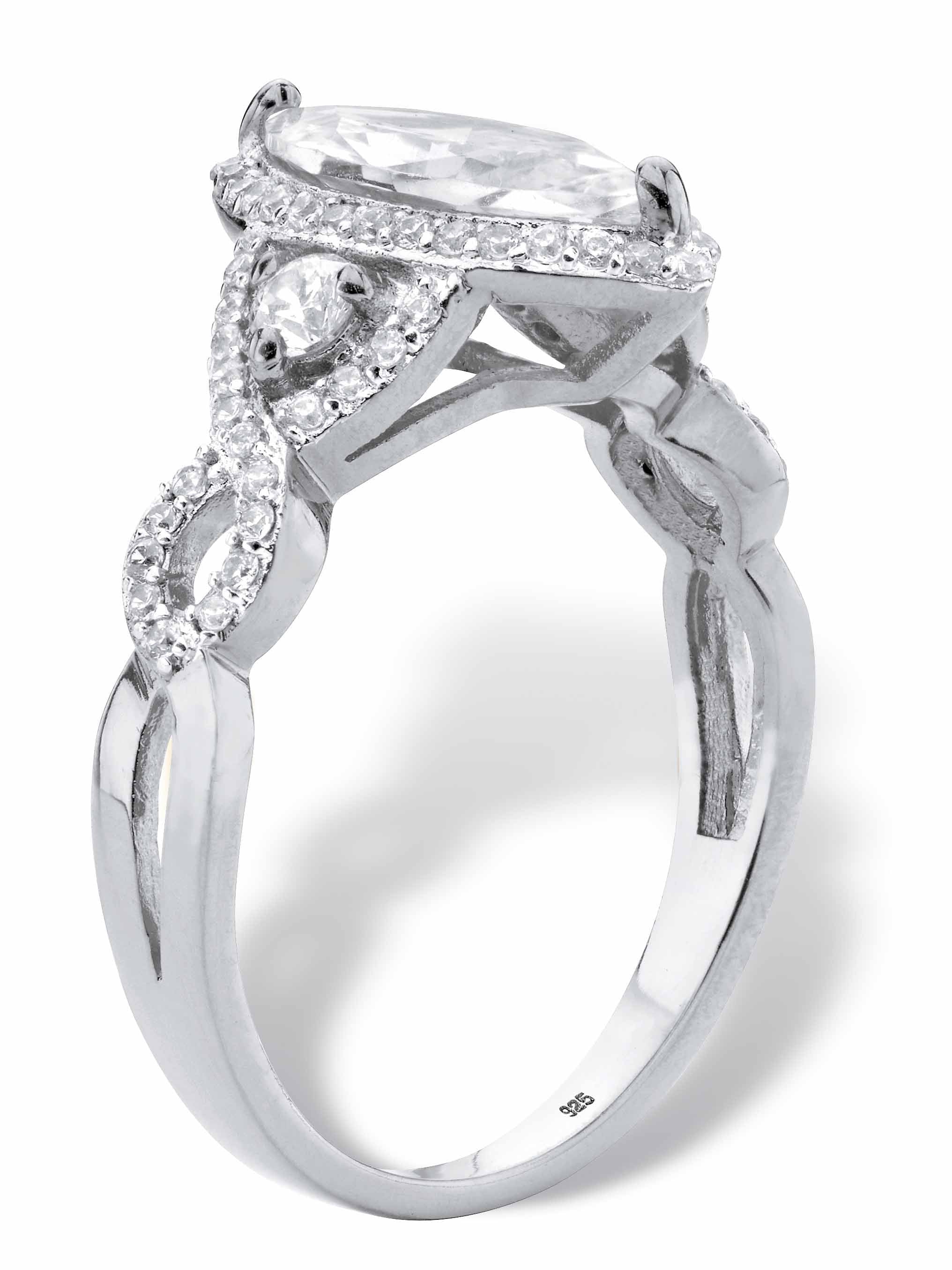 Marquise-Cut Cubic Zirconia Halo Crossover Engagement Ring in Sterling Silver S8316