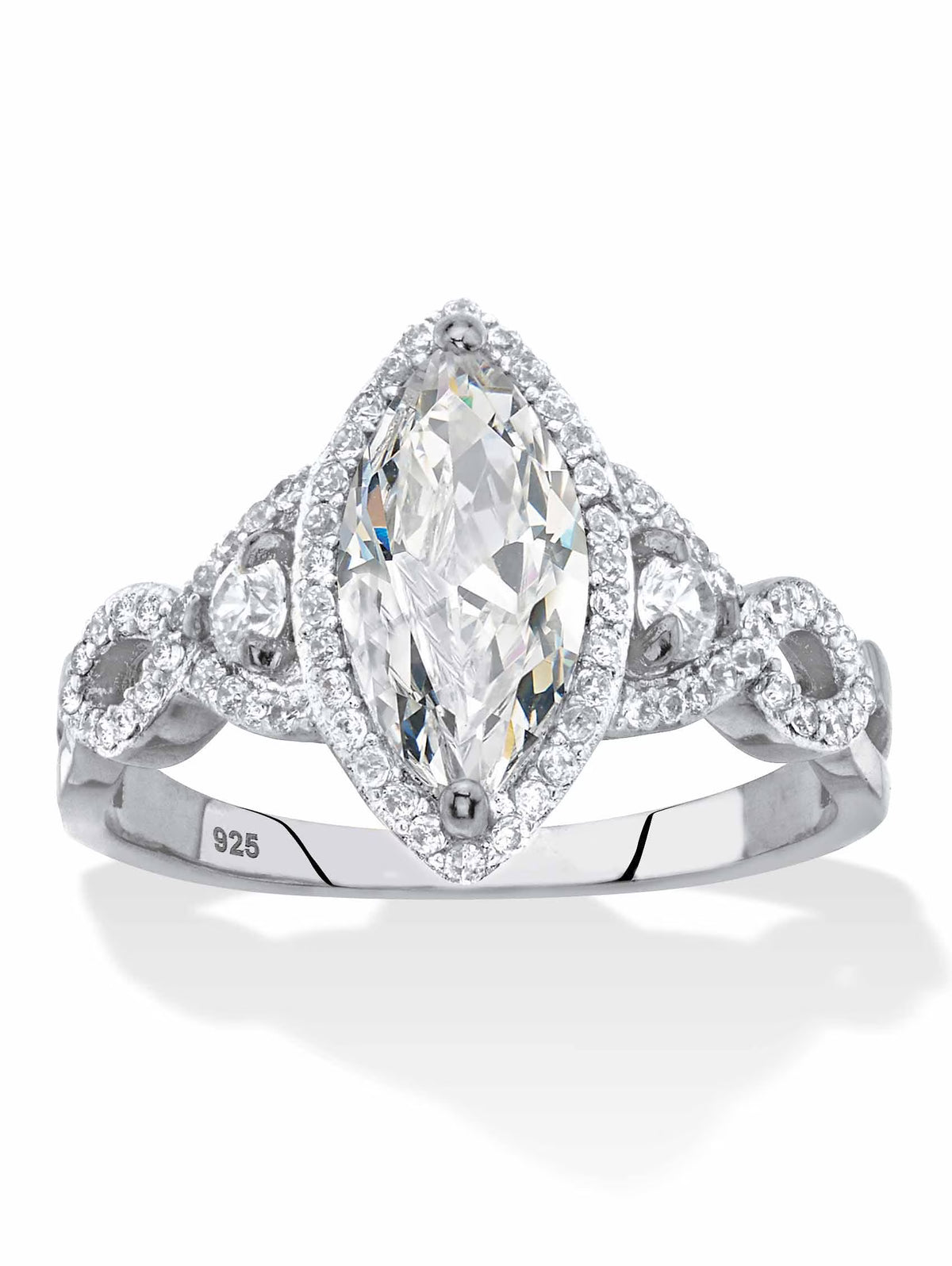 Marquise-Cut Cubic Zirconia Halo Crossover Engagement Ring in Sterling Silver S8316