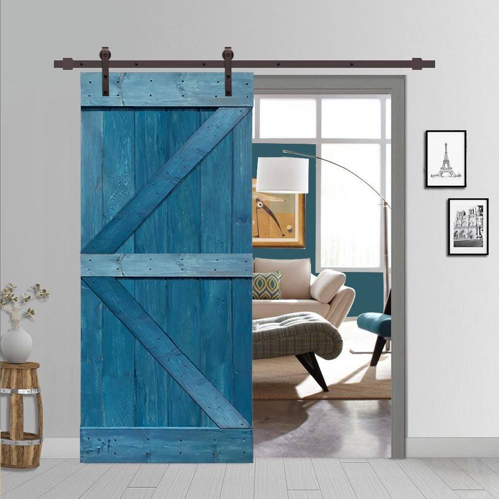 Ocean Blue Stained Wood Sliding Barn Door with Hardware Kit N258