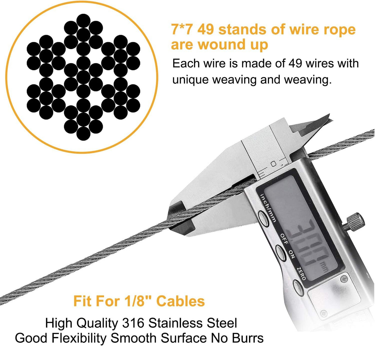 1/8 inch T316 Stainless Steel Cable Railing Kit with Crimp Sleeves and Thimble A94596