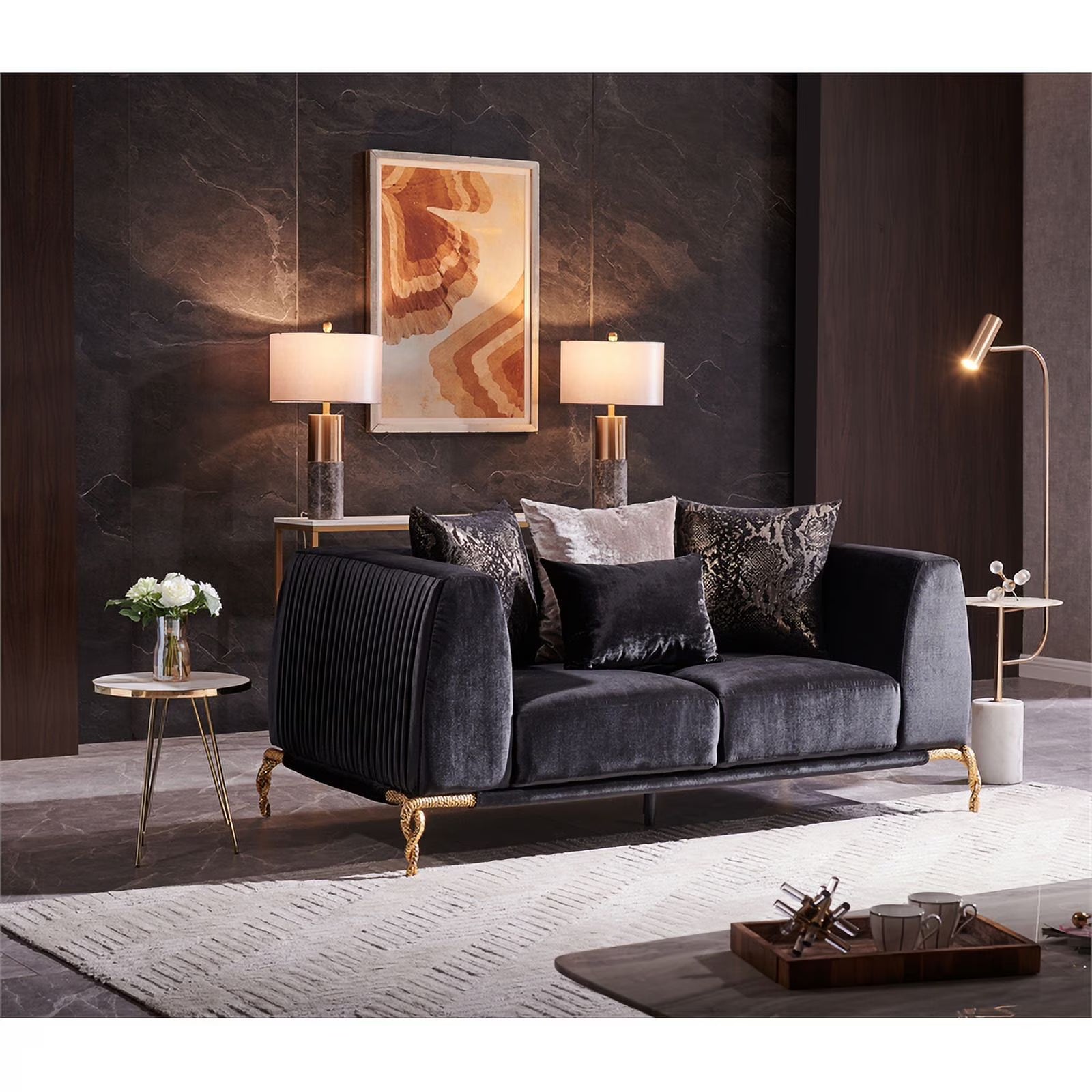 Black Velvet Upholstered Loveseat H5851