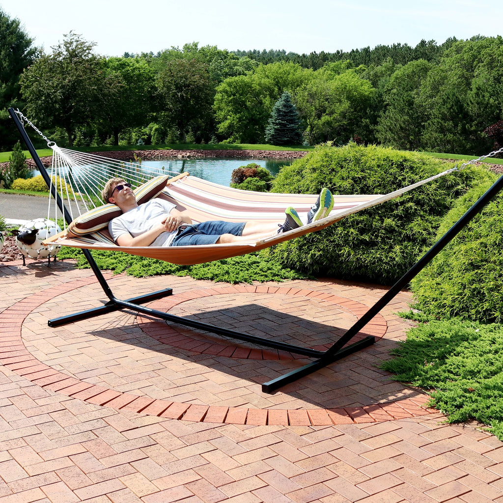 2-Person Freestanding Quilted Fabric Hammock with Stand E396