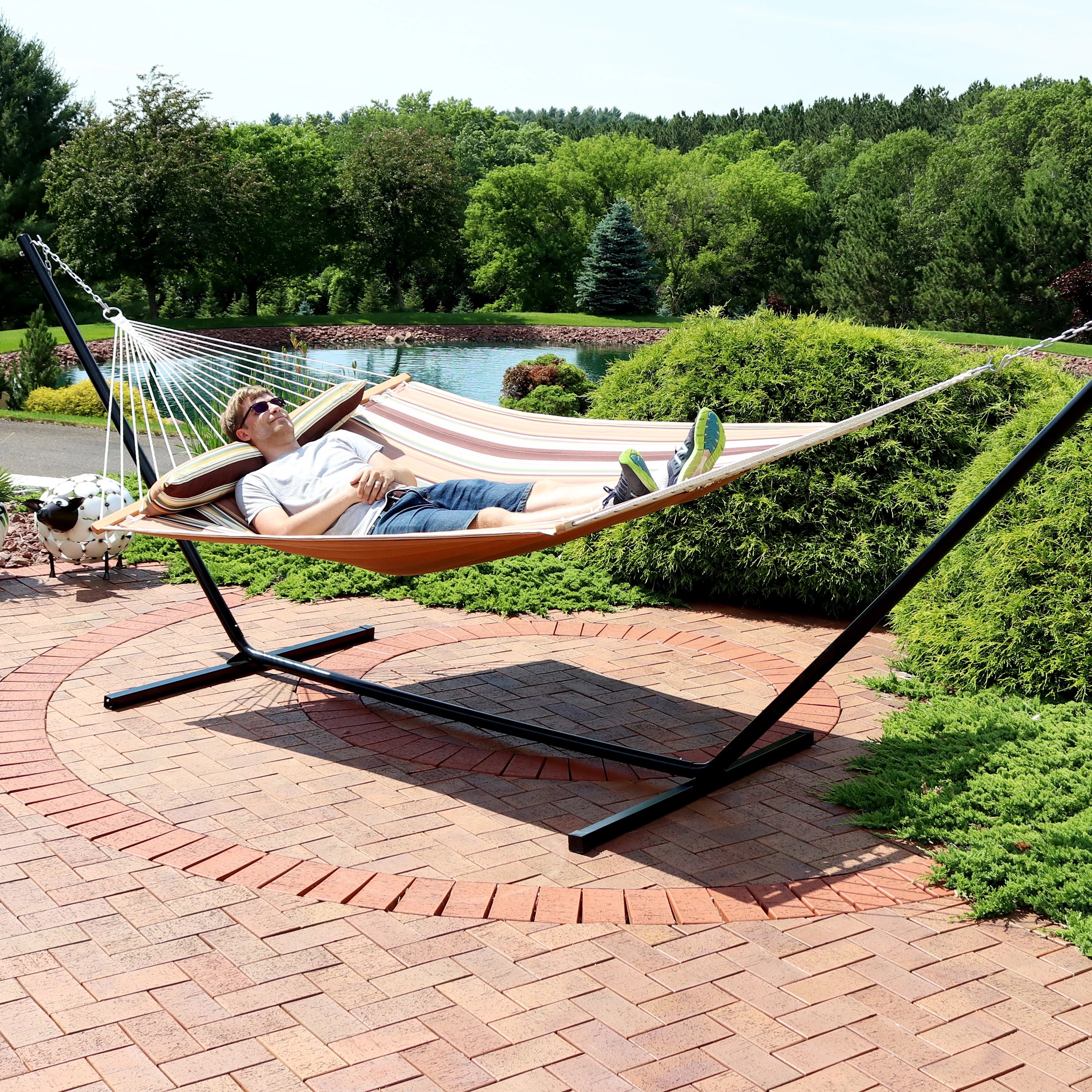 2-Person Freestanding Quilted Fabric Hammock with Stand E396