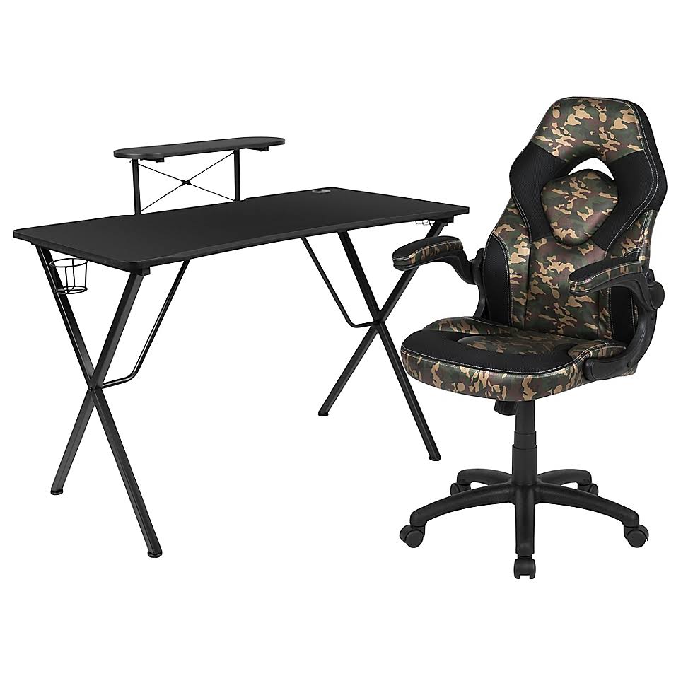Black Gaming Desk and Camo Chair Set with Cup Holder S216903