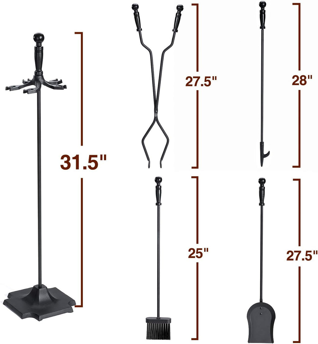 5 Pieces 32inch Black Cast Iron Fireplace Tool Set with Log Holder W650873