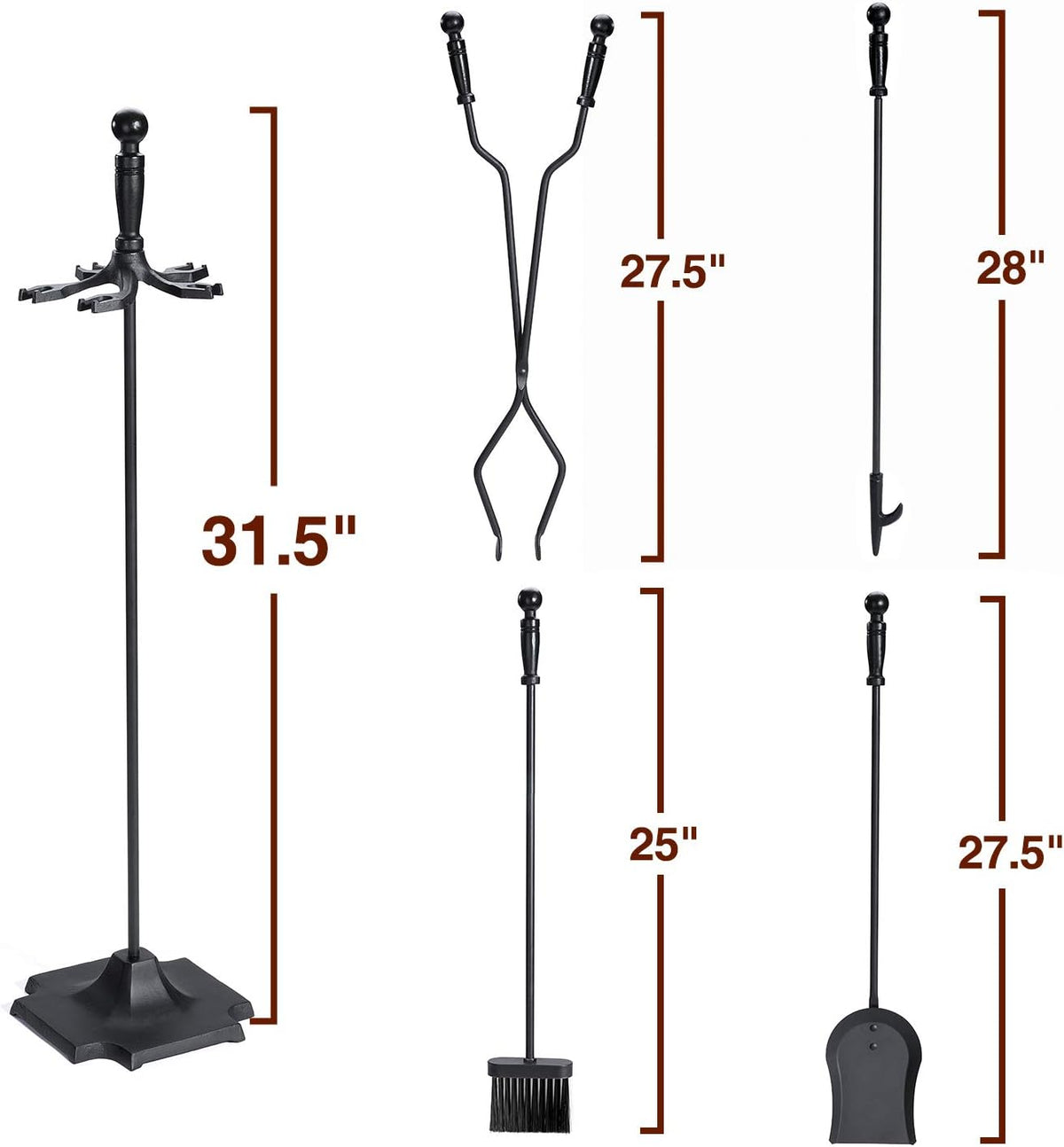 5 Pieces 32inch Black Cast Iron Fireplace Tool Set with Log Holder W650873