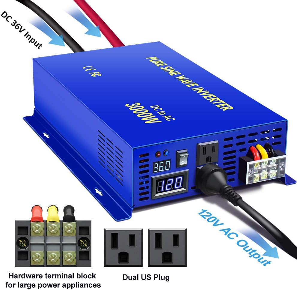 3000 Watt Pure Sine Wave Power Inverter 36 Volt to 110V 120V with 150ft Remote Switch D88024